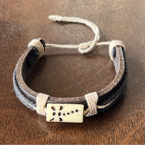 leather bracelet dragonfly on bovine bone OOAK handmade artisan boho unisex - Picture 4 of 12